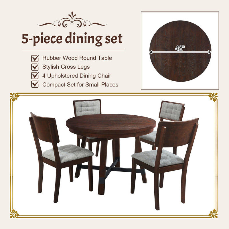 TOPMAX Rustic 42inch Round Dining Table Set with Cross Legs and Upholstered Dining Chairs for Small Places, Espresso - Supfirm