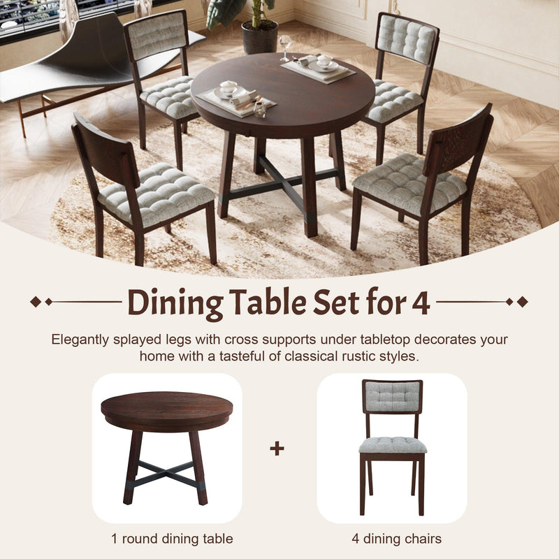 TOPMAX Rustic 42inch Round Dining Table Set with Cross Legs and Upholstered Dining Chairs for Small Places, Espresso - Supfirm