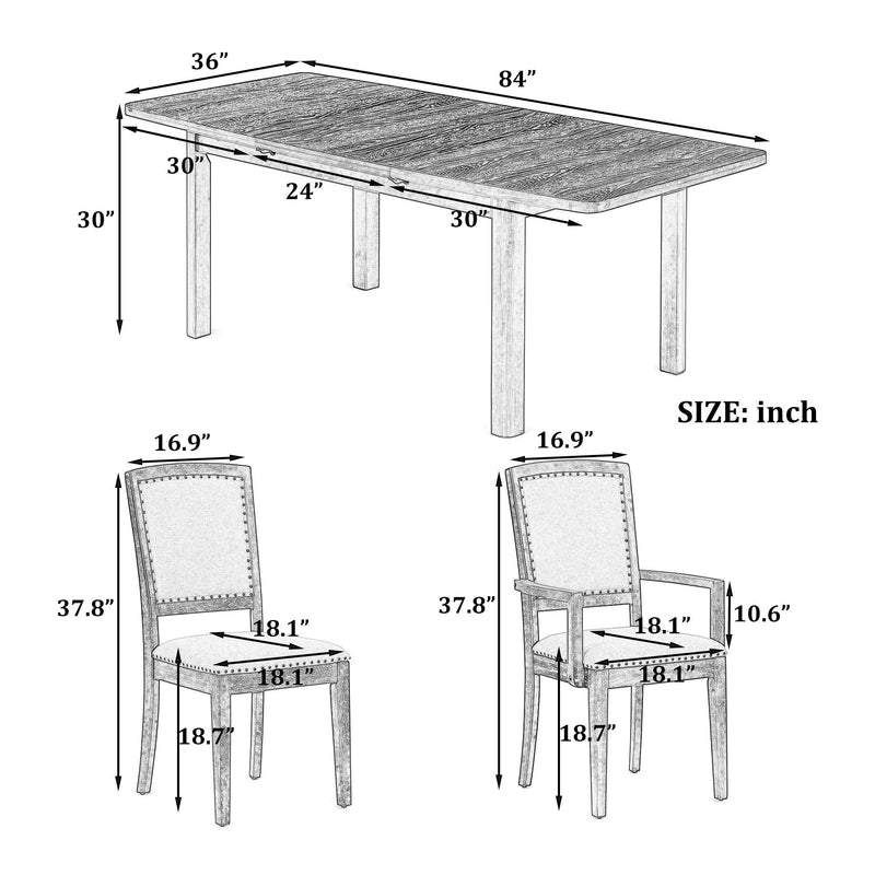 TOPMAX Rustic Extendable 84inch Dining Table Set with 24inch Removable Leaf , 6 Upholstered Armless Dining Chairs and 2 Padded Arm Chairs, 9 Pieces, Black - Supfirm