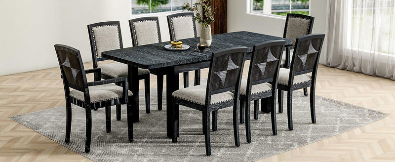 TOPMAX Rustic Extendable 84inch Dining Table Set with 24inch Removable Leaf , 6 Upholstered Armless Dining Chairs and 2 Padded Arm Chairs, 9 Pieces, Black - Supfirm