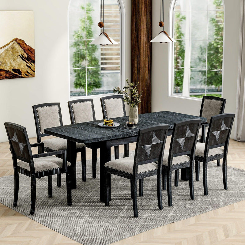 TOPMAX Rustic Extendable 84inch Dining Table Set with 24inch Removable Leaf , 6 Upholstered Armless Dining Chairs and 2 Padded Arm Chairs, 9 Pieces, Black - Supfirm