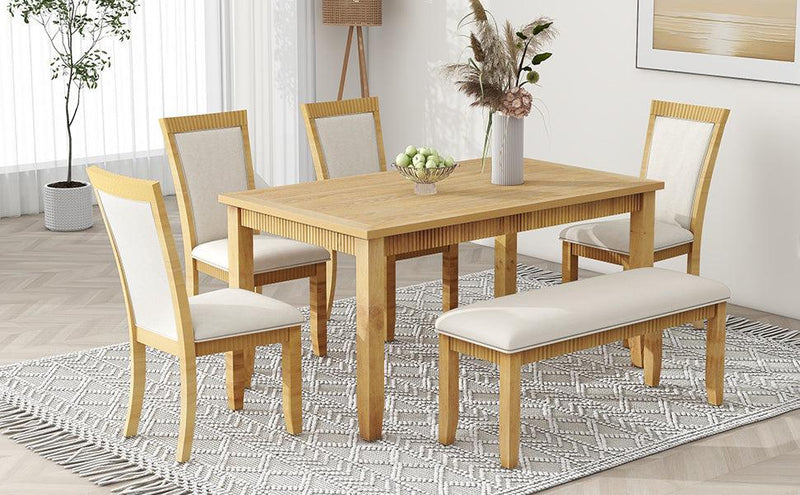 TOPMAX Rustic Solid Wood 6-piece Dining Table Set, PU Leather Upholstered Chairs and Bench, Natural Wood Wash - Supfirm