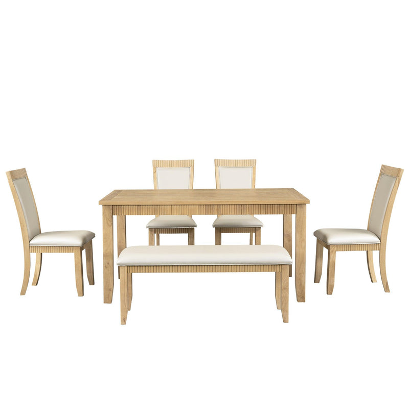 TOPMAX Rustic Solid Wood 6-piece Dining Table Set, PU Leather Upholstered Chairs and Bench, Natural Wood Wash - Supfirm