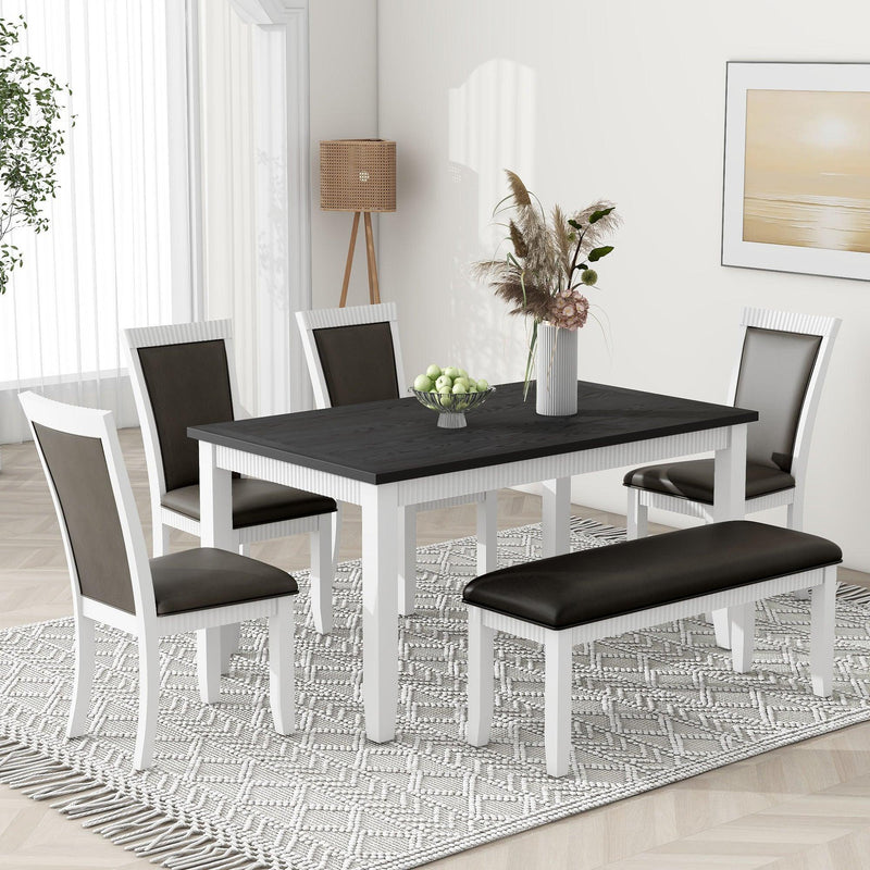 TOPMAX Rustic Solid Wood 6-piece Dining Table Set, PU Leather Upholstered Chairs and Bench, White - Supfirm