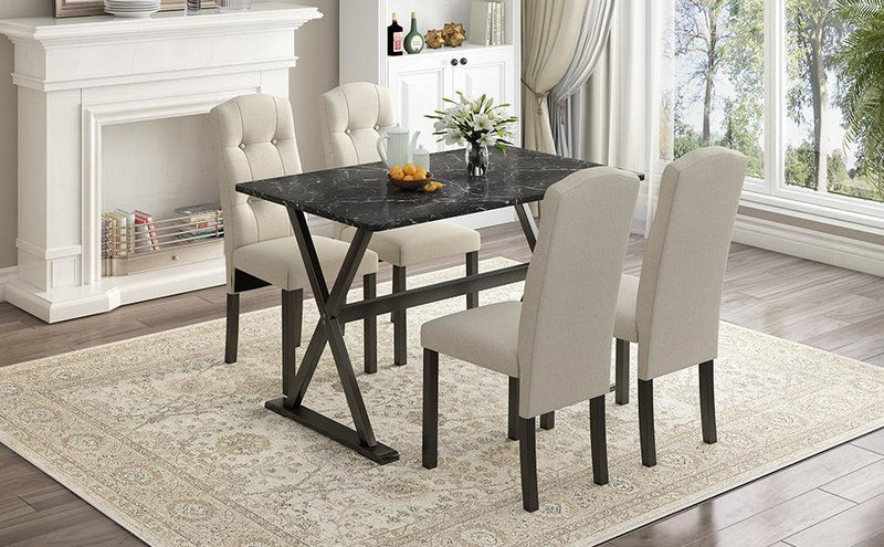 TOPMAX Solid Wood 5-Piece Dining Table Set with Faux Marble Tabletop and Upholstered Dining Chairs for 4, Faux Marble Black+Beige - Supfirm