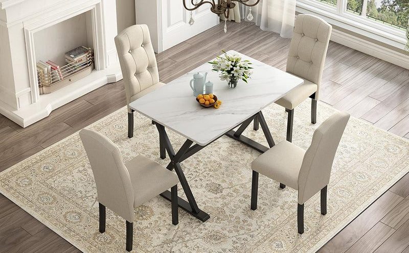 TOPMAX Solid Wood 5-Piece Dining Table Set with Faux Marble Tabletop and Upholstered Dining Chairs for 4, Faux Marble White+Beige - Supfirm