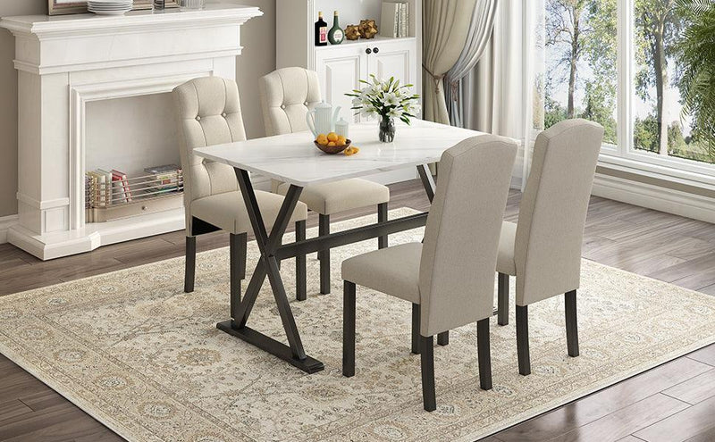 TOPMAX Solid Wood 5-Piece Dining Table Set with Faux Marble Tabletop and Upholstered Dining Chairs for 4, Faux Marble White+Beige - Supfirm