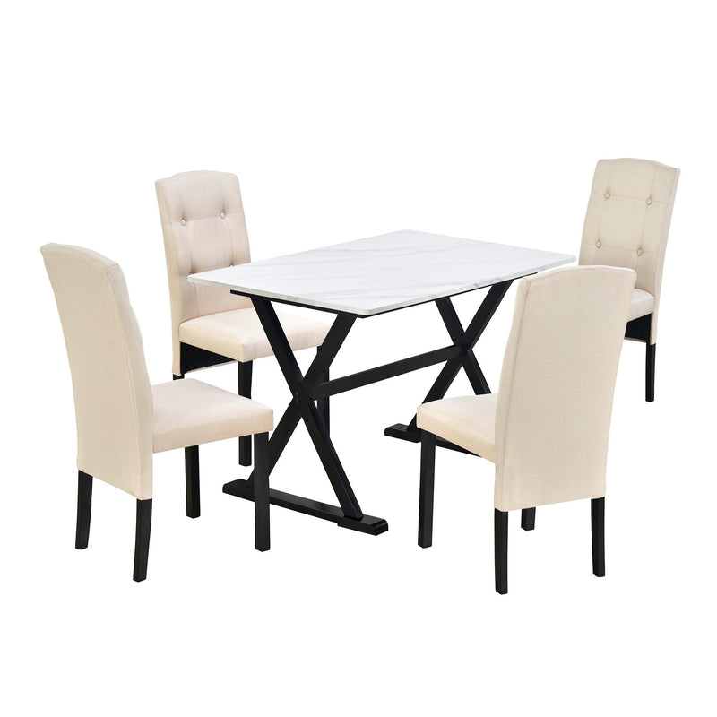 TOPMAX Solid Wood 5-Piece Dining Table Set with Faux Marble Tabletop and Upholstered Dining Chairs for 4, Faux Marble White+Beige - Supfirm