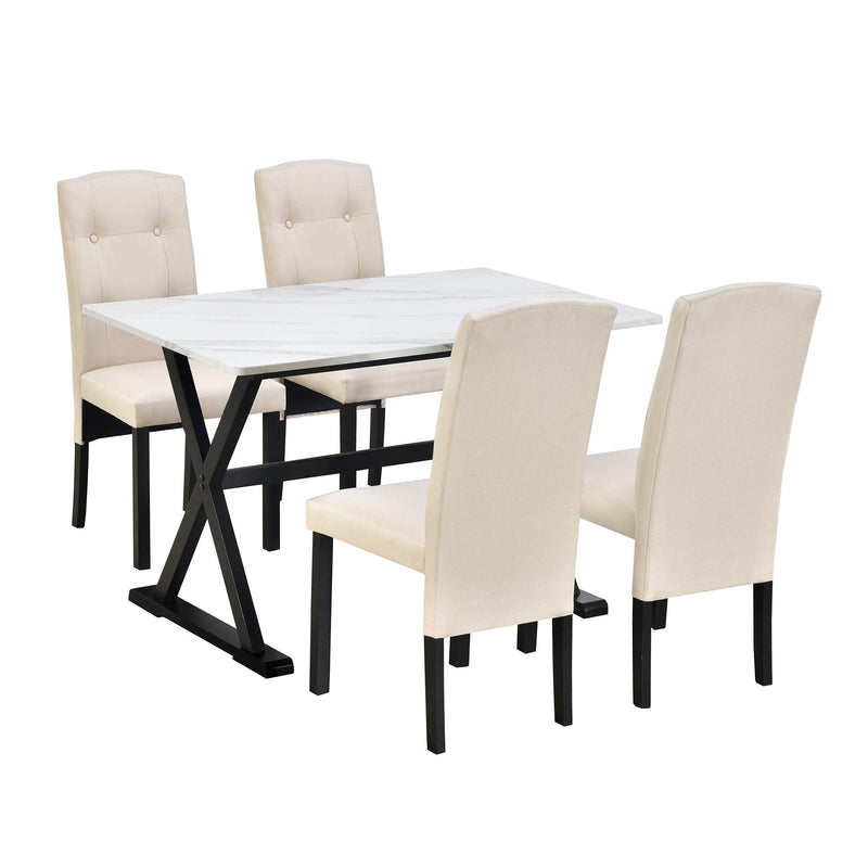 TOPMAX Solid Wood 5-Piece Dining Table Set with Faux Marble Tabletop and Upholstered Dining Chairs for 4, Faux Marble White+Beige - Supfirm