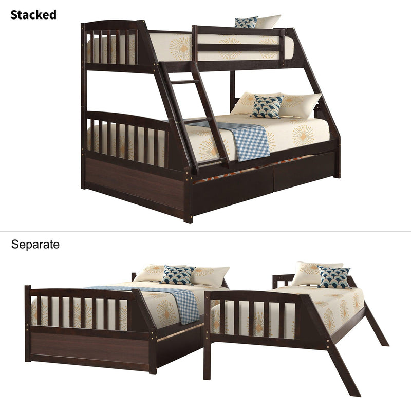 TOPMAX Solid Wood Twin Over Full Bunk Bed with Two Storage Drawers, Espresso - Supfirm