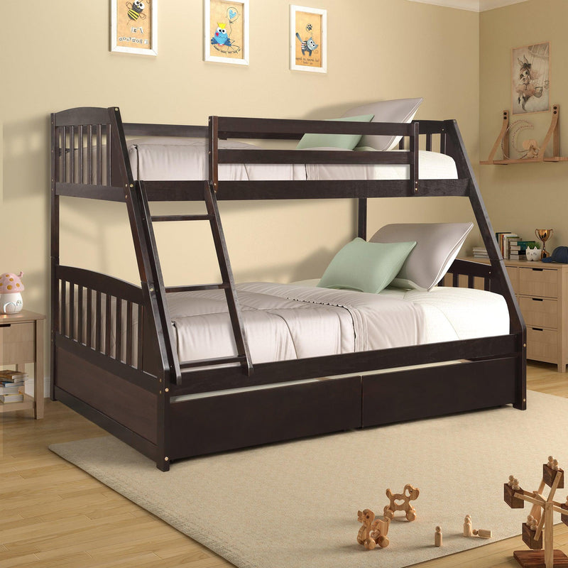 TOPMAX Solid Wood Twin Over Full Bunk Bed with Two Storage Drawers, Espresso - Supfirm