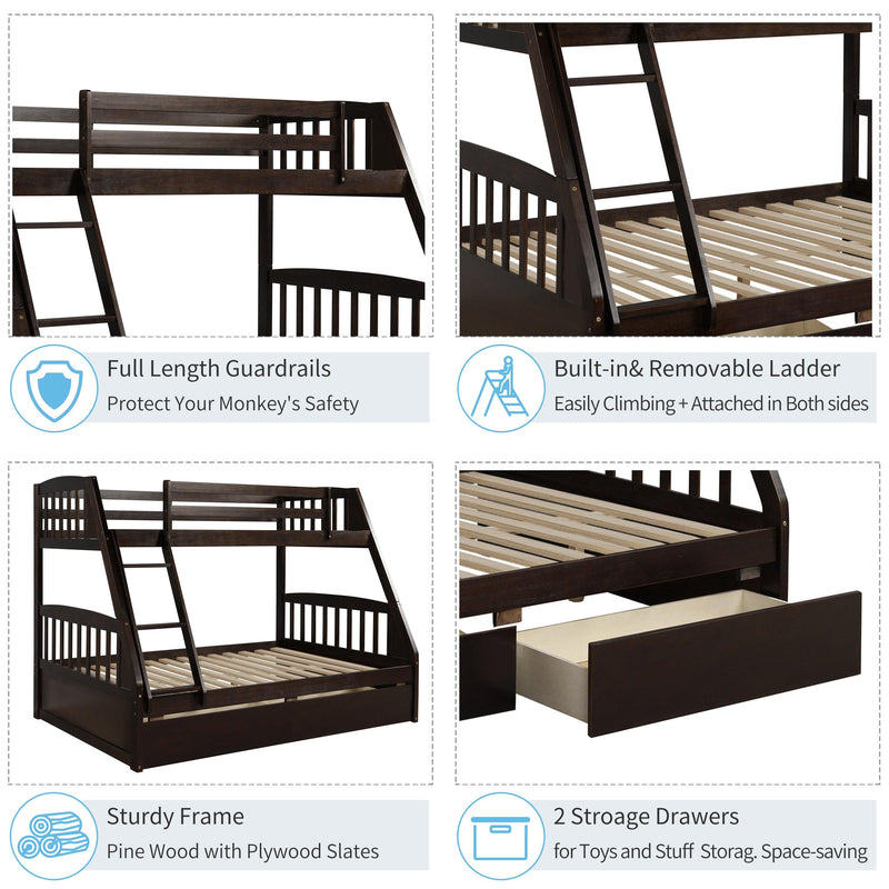 TOPMAX Solid Wood Twin Over Full Bunk Bed with Two Storage Drawers, Espresso - Supfirm