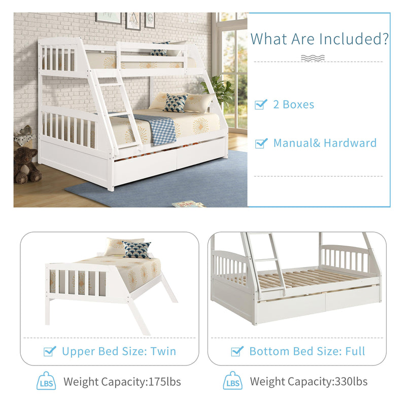 TOPMAX Solid Wood Twin Over Full Bunk Bed with Two Storage Drawers, White - Supfirm