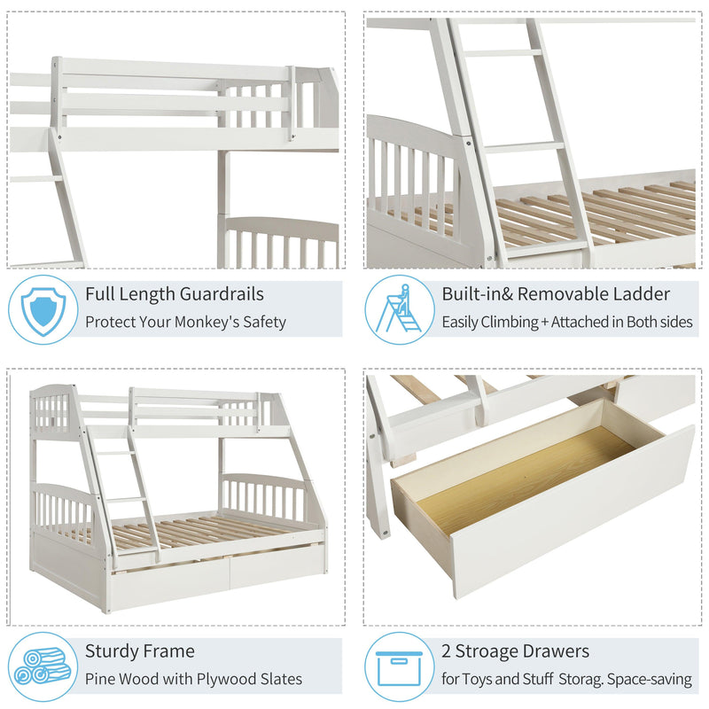 TOPMAX Solid Wood Twin Over Full Bunk Bed with Two Storage Drawers, White - Supfirm