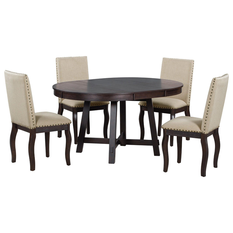 TREXM 5-Piece Farmhouse Dining Table Set Wood Round Extendable Dining Table and 4 Upholstered Dining Chairs (Espresso) - Supfirm