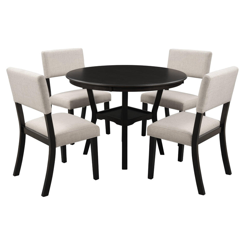 TREXM 5-Piece Kitchen Dining Table Set Round Table with Bottom Shelf, 4 Upholstered Chairs for Dining Room(Espresso) - Supfirm