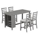 TREXM 5-Piece Multi-Functional Rubber Wood Counter Height Dining Set with Padded Chairs and Integrated 9 Bar Wine Cubbies Compartment, Wineglass Holders for Dining Room (Gray) - Supfirm