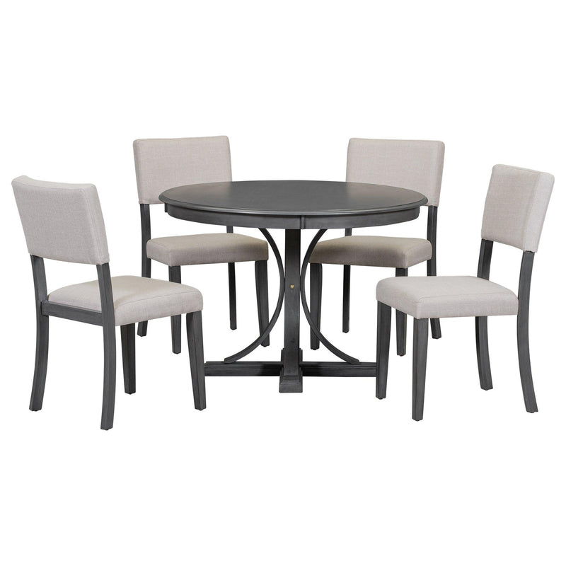 TREXM 5-Piece Retro Round Dining Table Set with Curved Trestle Style Table Legs and 4 Upholstered Chairs for Dining Room (Dark Gray) - Supfirm