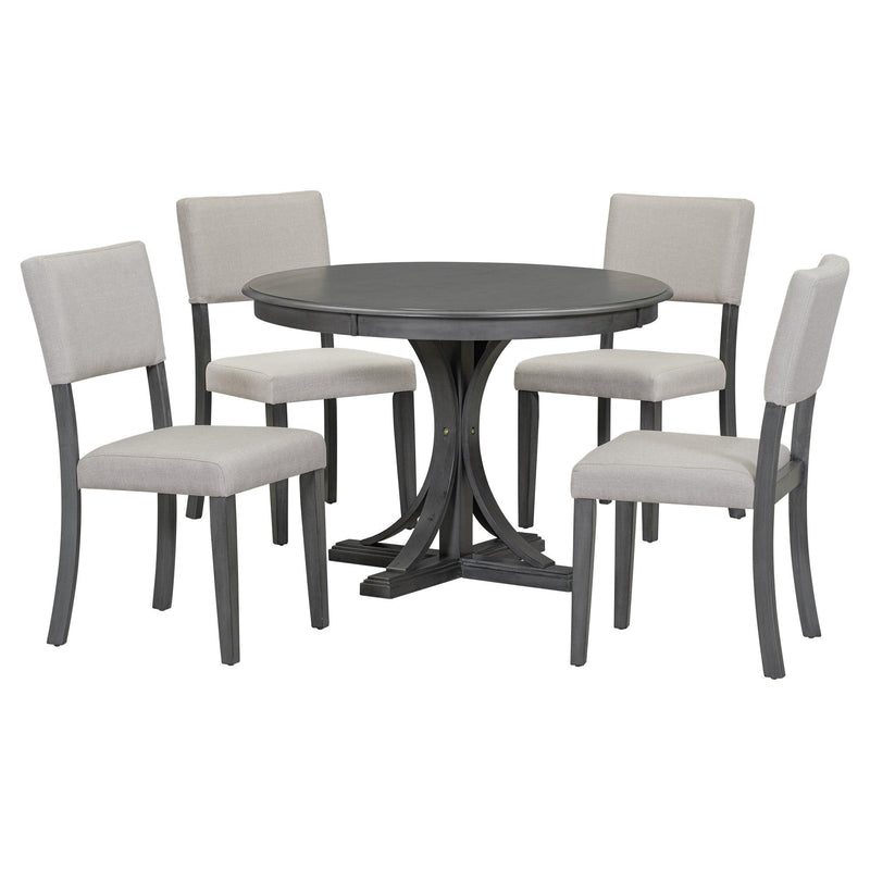 TREXM 5-Piece Retro Round Dining Table Set with Curved Trestle Style Table Legs and 4 Upholstered Chairs for Dining Room (Dark Gray) - Supfirm