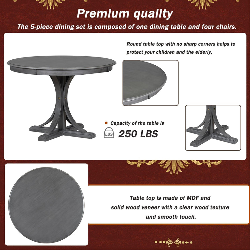 TREXM 5-Piece Retro Round Dining Table Set with Curved Trestle Style Table Legs and 4 Upholstered Chairs for Dining Room (Dark Gray) - Supfirm