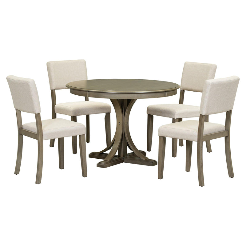 TREXM 5-Piece Retro Round Dining Table Set with Curved Trestle Style Table Legs and 4 Upholstered Chairs for Dining Room (Taupe) - Supfirm