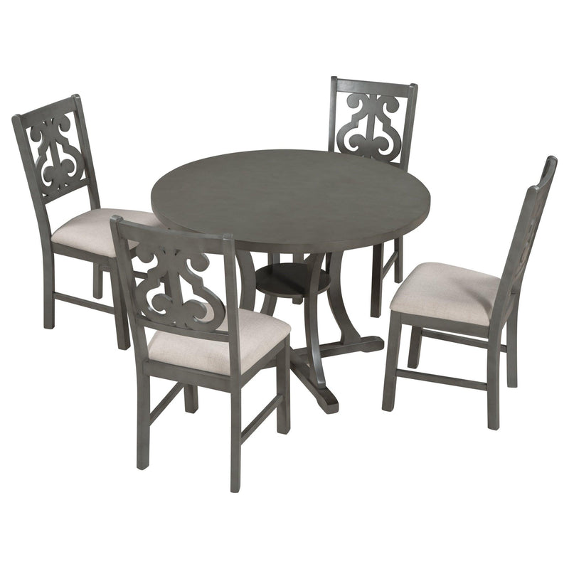 TREXM 5-Piece Round Dining Table and Chair Set with Special-shaped Legs and an Exquisitely Designed Hollow Chair Back for Dining Room (Gray) - Supfirm