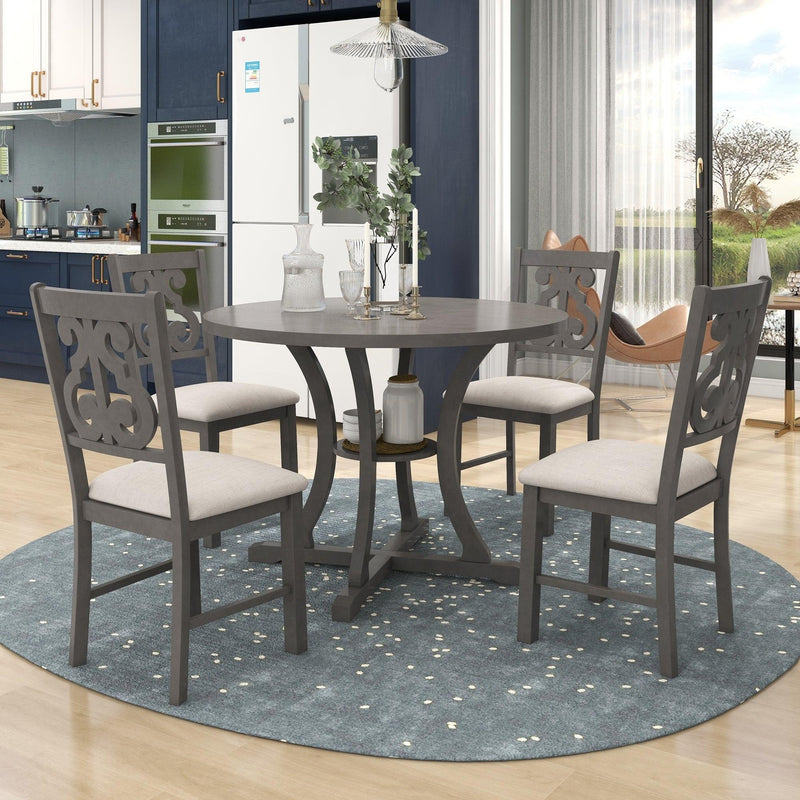 TREXM 5-Piece Round Dining Table and Chair Set with Special-shaped Legs and an Exquisitely Designed Hollow Chair Back for Dining Room (Gray) - Supfirm