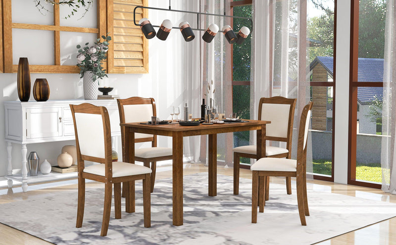 TREXM 5-Piece Wood Dining Table Set Simple Style Kitchen Dining Set Rectangular Table with Upholstered Chairs for Limited Space (Walnut) - Supfirm