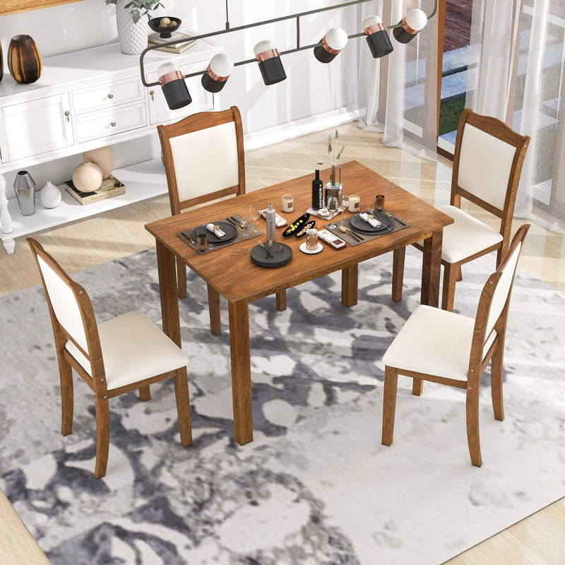 TREXM 5-Piece Wood Dining Table Set Simple Style Kitchen Dining Set Rectangular Table with Upholstered Chairs for Limited Space (Walnut) - Supfirm