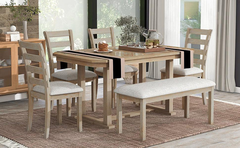 TREXM 6-Piece Rubber Wood Dining Table Set with Beautiful Wood Grain Pattern Tabletop Solid Wood Veneer and Soft Cushion (Natural Wood Wash) - Supfirm