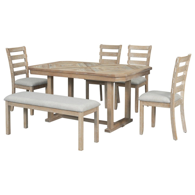 TREXM 6-Piece Rubber Wood Dining Table Set with Beautiful Wood Grain Pattern Tabletop Solid Wood Veneer and Soft Cushion (Natural Wood Wash) - Supfirm