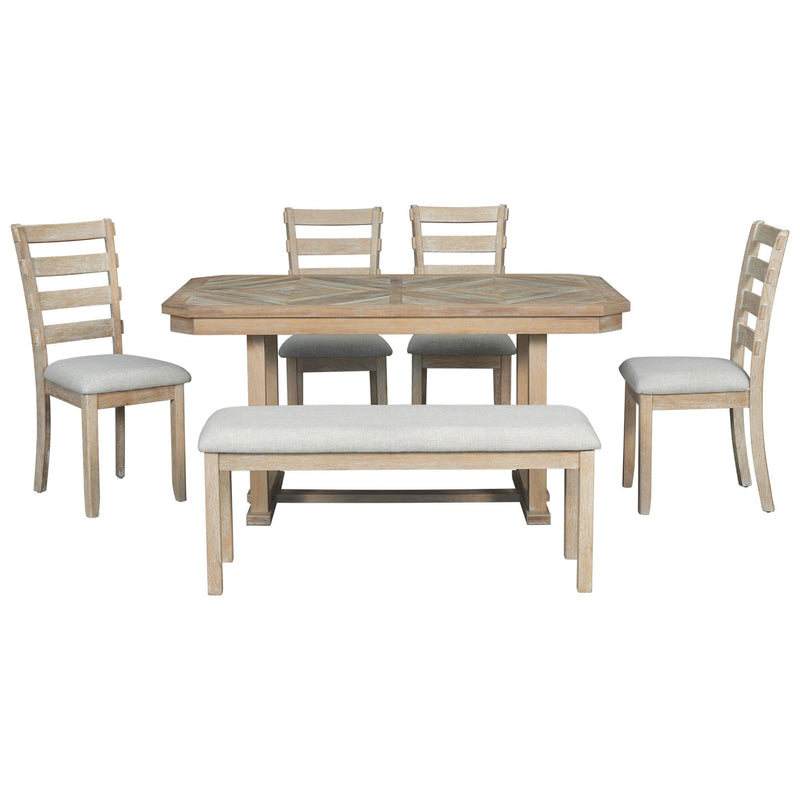 TREXM 6-Piece Rubber Wood Dining Table Set with Beautiful Wood Grain Pattern Tabletop Solid Wood Veneer and Soft Cushion (Natural Wood Wash) - Supfirm