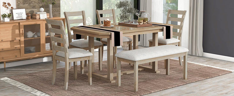 TREXM 6-Piece Rubber Wood Dining Table Set with Beautiful Wood Grain Pattern Tabletop Solid Wood Veneer and Soft Cushion (Natural Wood Wash) - Supfirm