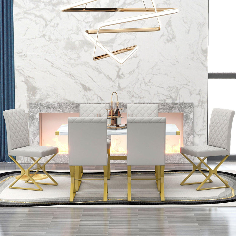 TREXM 7-Piece Modern Dining Table Set, Rectangular Marble Texture Kitchen Table and 6 PU leather Chairs with X-Shaped Gold Steel Pipe Legs for Dining Room (White) - Supfirm