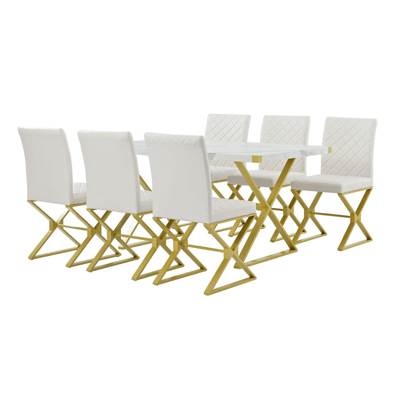 TREXM 7-Piece Modern Dining Table Set, Rectangular Marble Texture Kitchen Table and 6 PU leather Chairs with X-Shaped Gold Steel Pipe Legs for Dining Room (White) - Supfirm