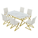 TREXM 7-Piece Modern Dining Table Set, Rectangular Marble Texture Kitchen Table and 6 PU leather Chairs with X-Shaped Gold Steel Pipe Legs for Dining Room (White) - Supfirm