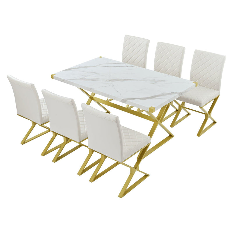 TREXM 7-Piece Modern Dining Table Set, Rectangular Marble Texture Kitchen Table and 6 PU leather Chairs with X-Shaped Gold Steel Pipe Legs for Dining Room (White) - Supfirm