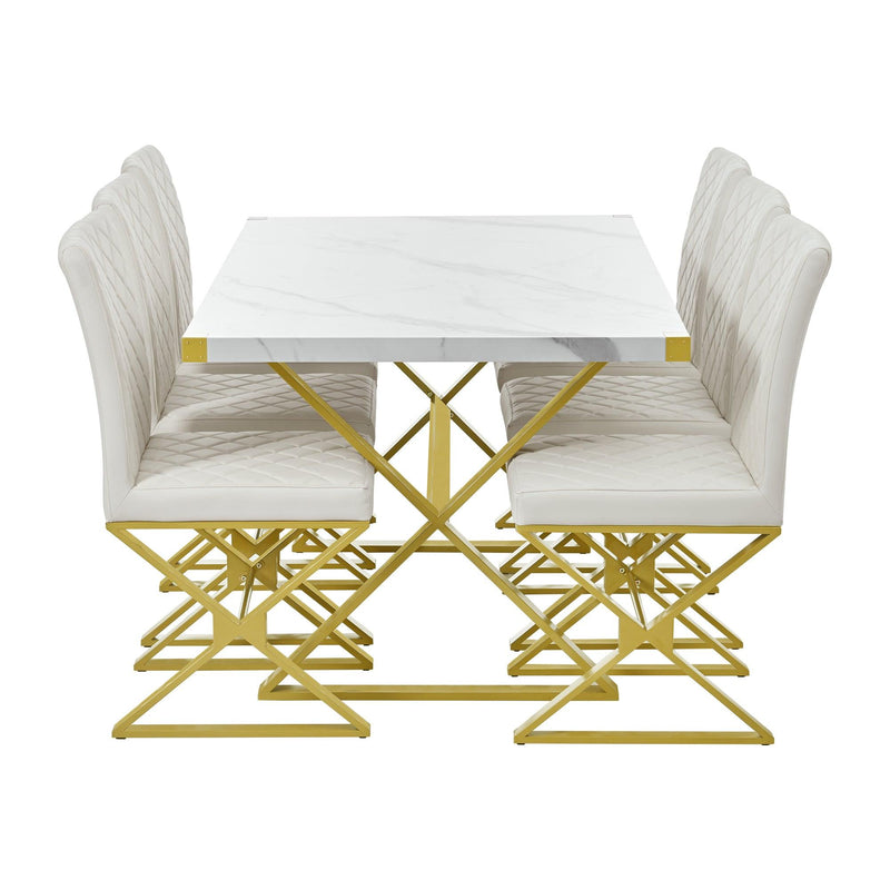 TREXM 7-Piece Modern Dining Table Set, Rectangular Marble Texture Kitchen Table and 6 PU leather Chairs with X-Shaped Gold Steel Pipe Legs for Dining Room (White) - Supfirm