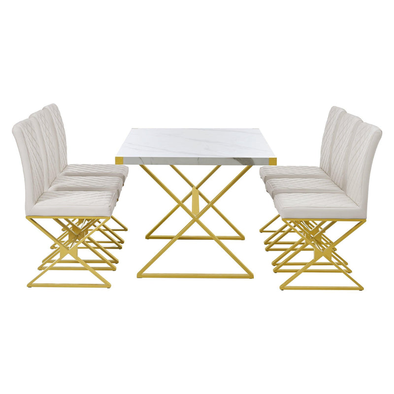 TREXM 7-Piece Modern Dining Table Set, Rectangular Marble Texture Kitchen Table and 6 PU leather Chairs with X-Shaped Gold Steel Pipe Legs for Dining Room (White) - Supfirm