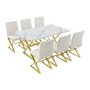 TREXM 7-Piece Modern Dining Table Set, Rectangular Marble Texture Kitchen Table and 6 PU leather Chairs with X-Shaped Gold Steel Pipe Legs for Dining Room (White) - Supfirm