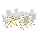 TREXM 7-Piece Modern Dining Table Set, Rectangular Marble Texture Kitchen Table and 6 PU leather Chairs with X-Shaped Gold Steel Pipe Legs for Dining Room (White) - Supfirm