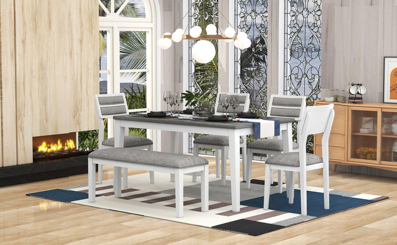 TREXM Classic and Traditional Style 6 - Piece Dining Set, Includes Dining Table, 4 Upholstered Chairs & Bench (White+Gray) - Supfirm