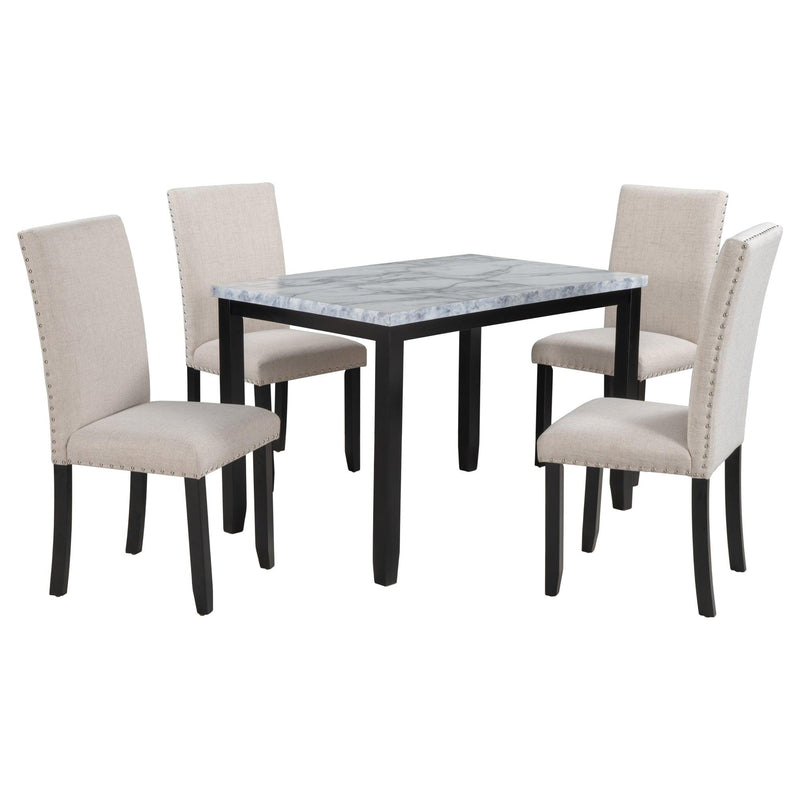 TREXM Faux Marble 5-Piece Dining Set Table with 4 Thicken Cushion Dining Chairs Home Furniture, White/Beige+Black - Supfirm