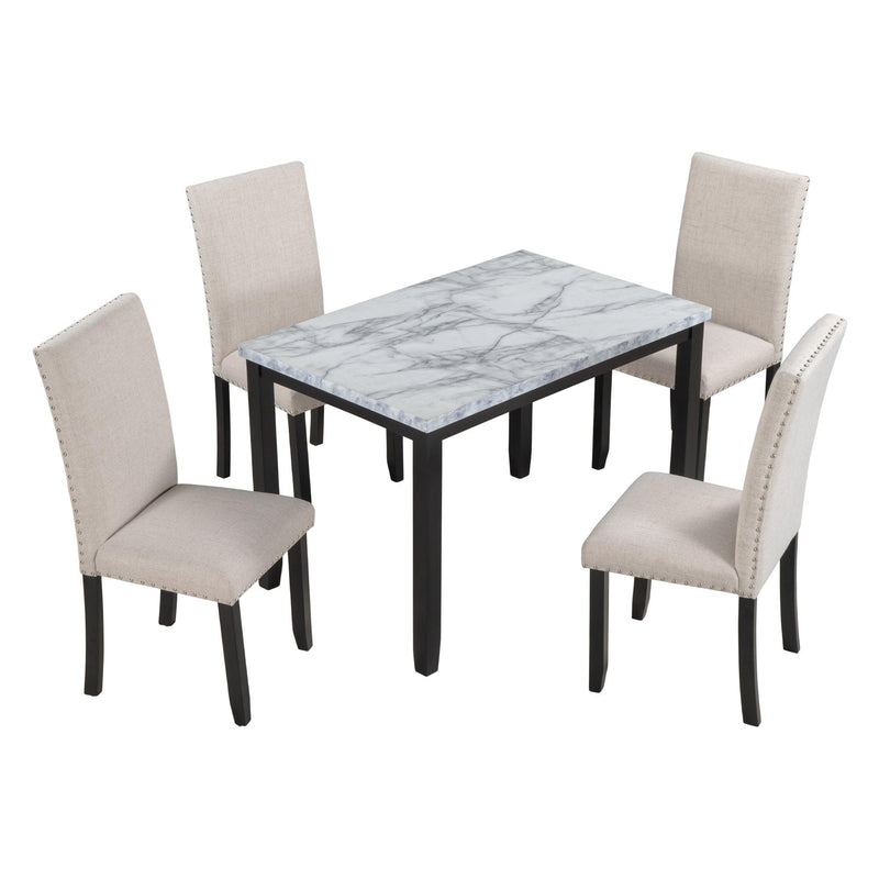 TREXM Faux Marble 5-Piece Dining Set Table with 4 Thicken Cushion Dining Chairs Home Furniture, White/Beige+Black - Supfirm