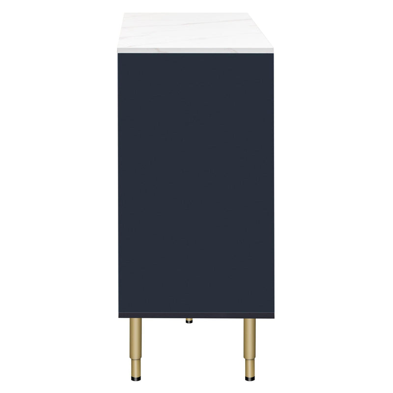 TREXM Modern Sideboard MDF Buffet Cabinet Marble Sticker Tabletop and Amber-yellow Tempered Glass Doors with Gold Metal Legs & Handles (Navy Blue) - Supfirm