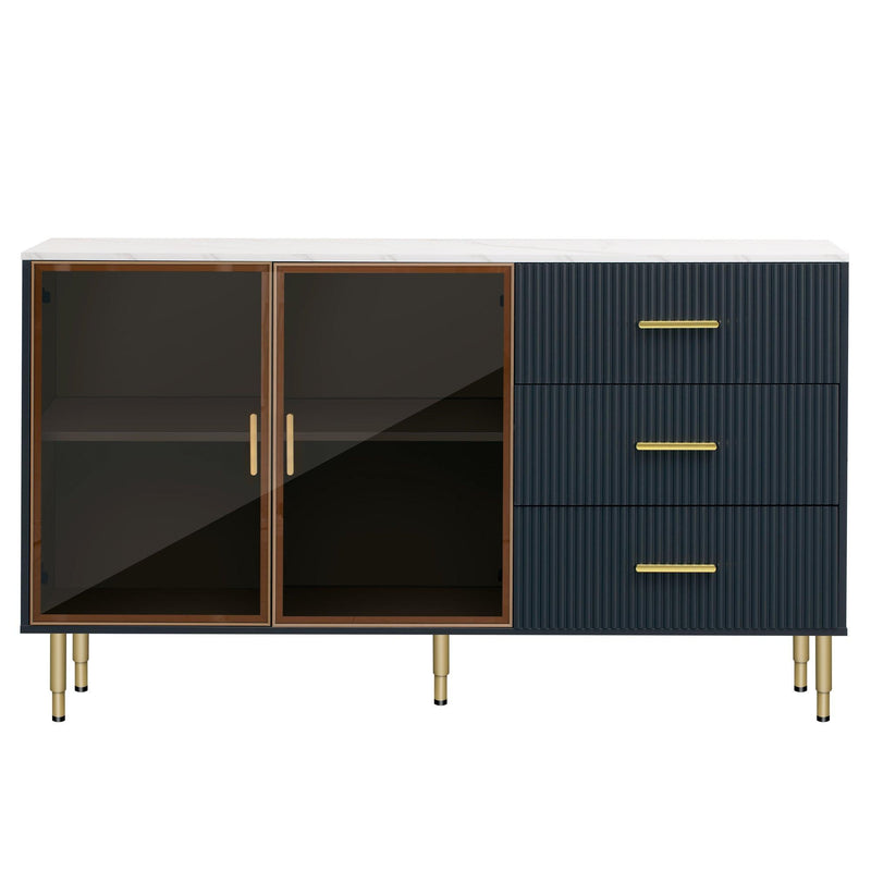 TREXM Modern Sideboard MDF Buffet Cabinet Marble Sticker Tabletop and Amber-yellow Tempered Glass Doors with Gold Metal Legs & Handles (Navy Blue) - Supfirm