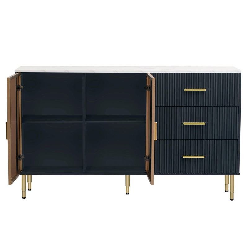 TREXM Modern Sideboard MDF Buffet Cabinet Marble Sticker Tabletop and Amber-yellow Tempered Glass Doors with Gold Metal Legs & Handles (Navy Blue) - Supfirm