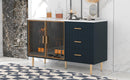 TREXM Modern Sideboard MDF Buffet Cabinet Marble Sticker Tabletop and Amber-yellow Tempered Glass Doors with Gold Metal Legs & Handles (Navy Blue) - Supfirm