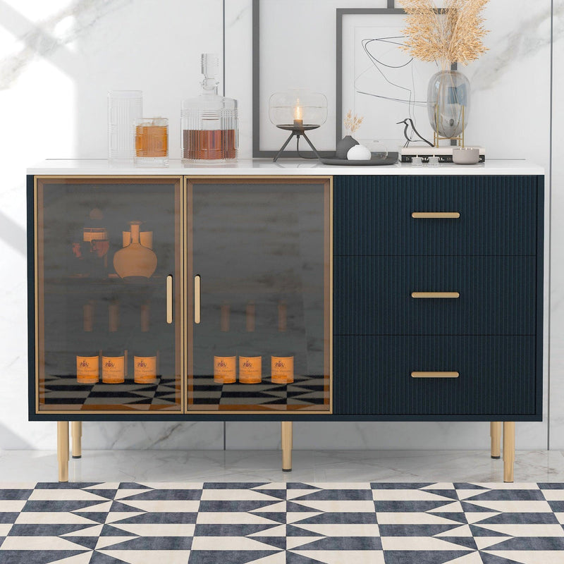 TREXM Modern Sideboard MDF Buffet Cabinet Marble Sticker Tabletop and Amber-yellow Tempered Glass Doors with Gold Metal Legs & Handles (Navy Blue) - Supfirm