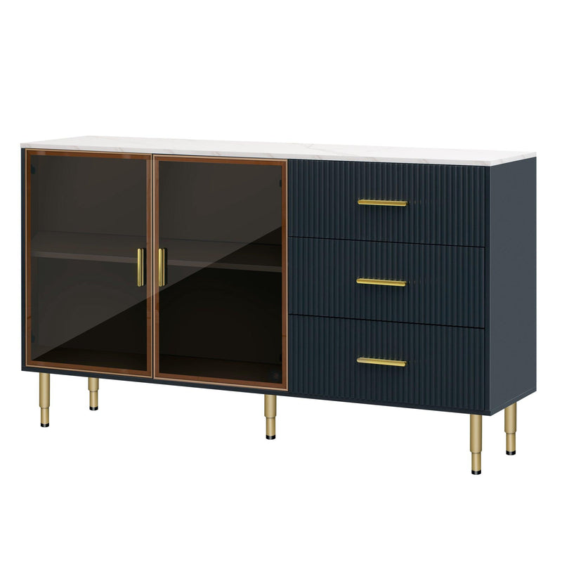 TREXM Modern Sideboard MDF Buffet Cabinet Marble Sticker Tabletop and Amber-yellow Tempered Glass Doors with Gold Metal Legs & Handles (Navy Blue) - Supfirm